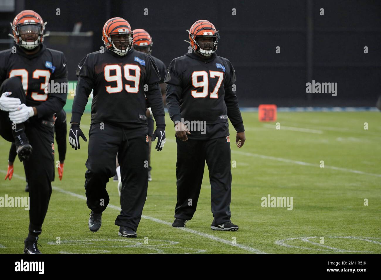 Cincinnati Bengals' defensive tackle Geno Atkins, 97, takes part in an NFL  practice session at the Allianz Park stadium in north London, Friday, Oct.  25, 2019. The Cincinnati Bengals are preparing for