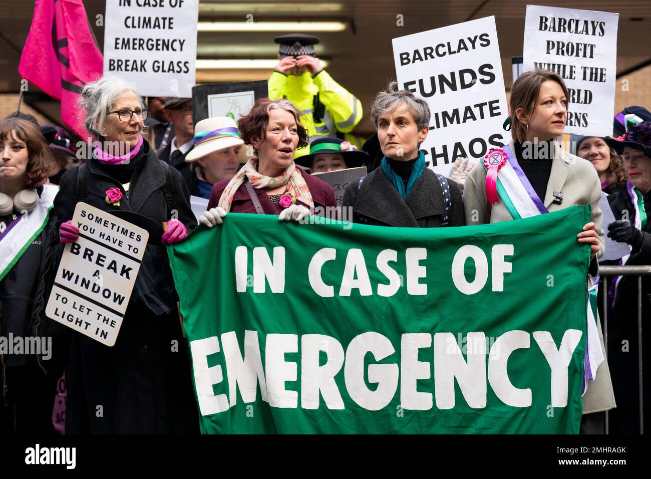 Climate protesters (left to right) Rosemary Webster, Lucy Porter, Zoe Cohen and Sophie Cowen outside Southwark Crown Court, London, where they are being sentenced alongside Nicola Stickells, Carol Wood and Gabriella Ditton after they were found guilty of causing almost £100,000 in damage for smashing glass windows at the London headquarters of Barclays bank. Picture date: Friday January 27, 2023. Stock Photo