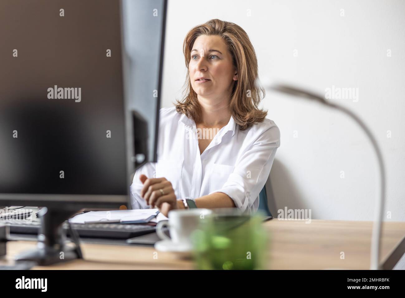 An accountant or businesswoman works in her office at a computer. Stock Photo