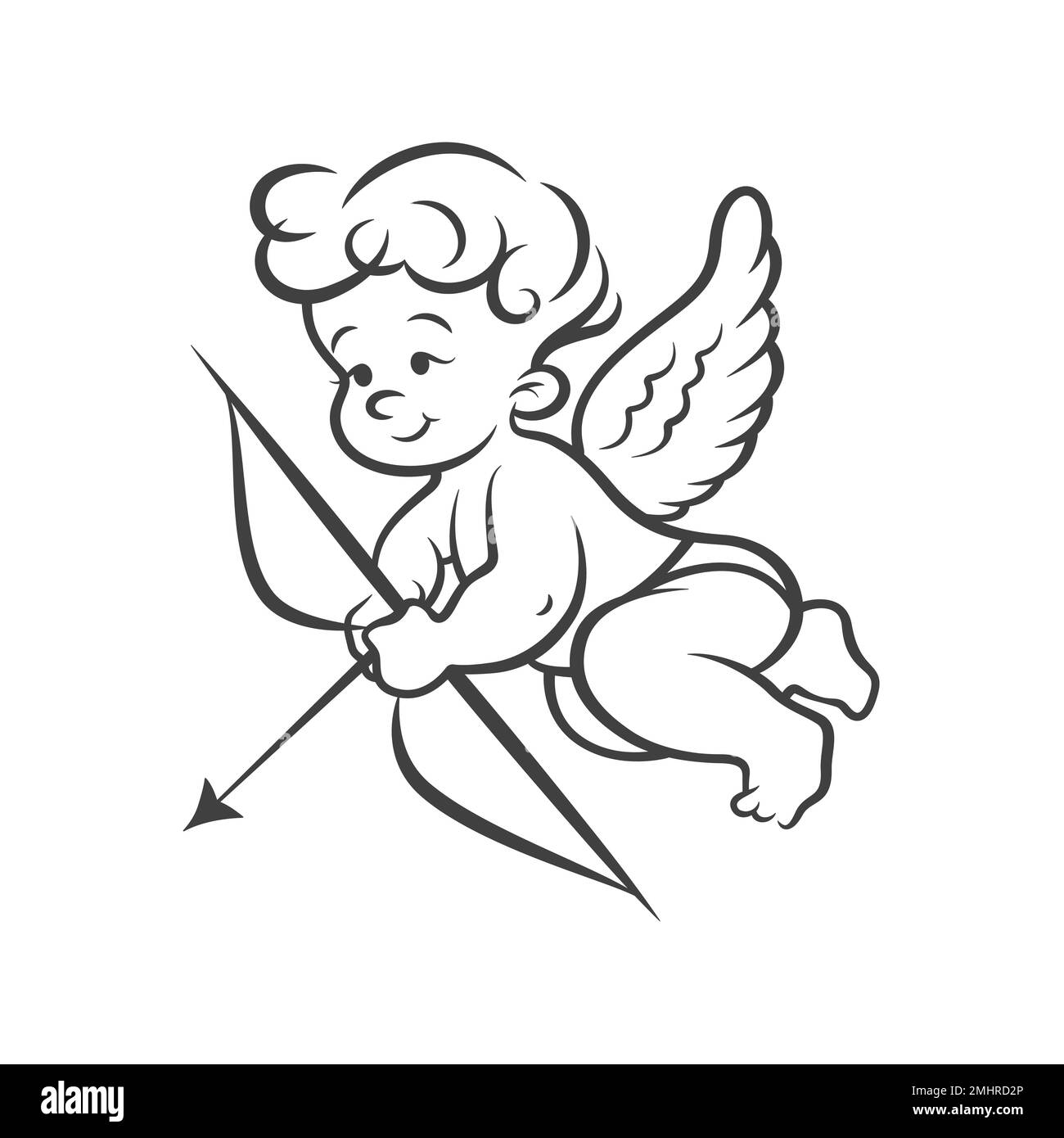 Flying Vector Cupid Boy Holding Bow, Aiming, Shooting Arrow, Hand Drawn with Outline in Retro, Vintage Comic Style. God of Love, Amor, Eros or Stock Vector