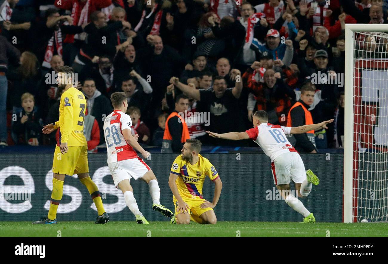 Prague, Czech Republic. 23rd Oct, 2019. JAN BORIL of Slavia Praha  celebrates after scoring goal during the UEFA Champions League, Group F  soccer match between Slavia Prague v FC Barcelona at Sinobo