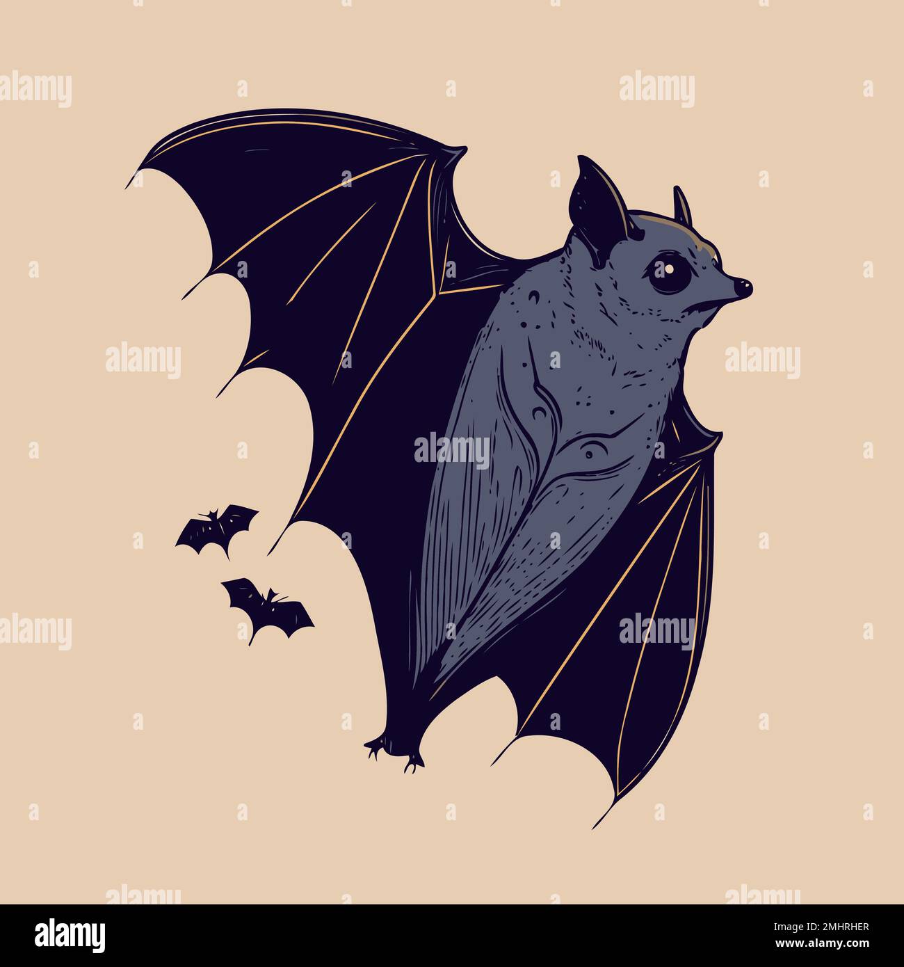Color illustration of a bat animal in isolated line art style spreading