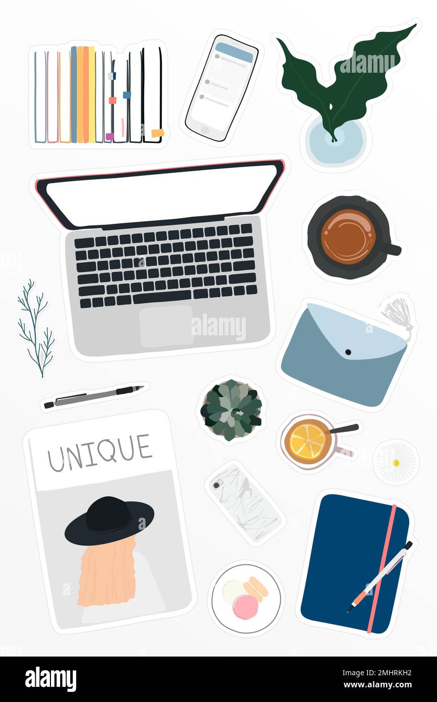 Digital devices on table workspace sticker doodle vector Stock Vector