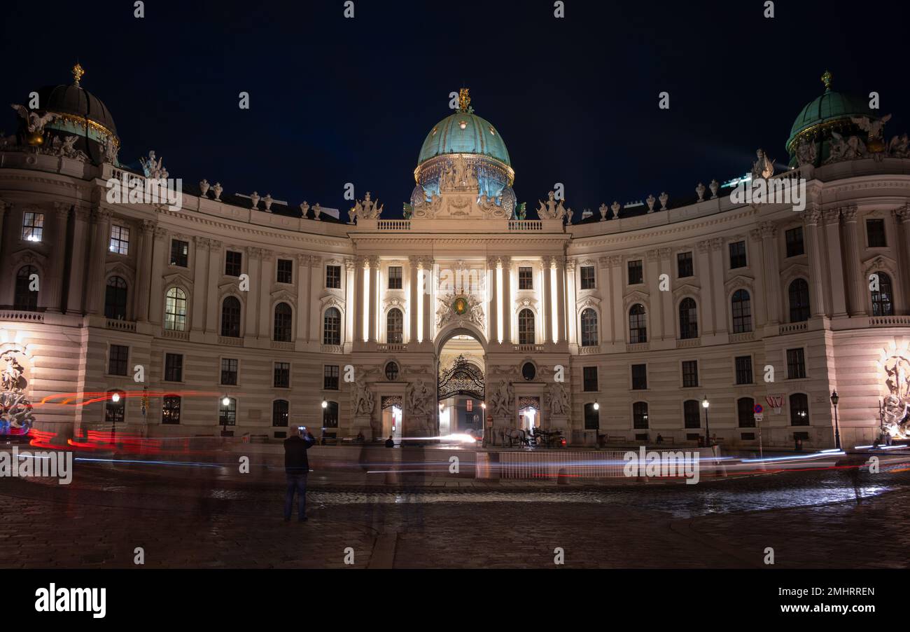 Night View of the illuminated Hofburg Palace the former principal imperial palace of the Habsburg dynasty. Vienna Austria, Night Photography Stock Photo