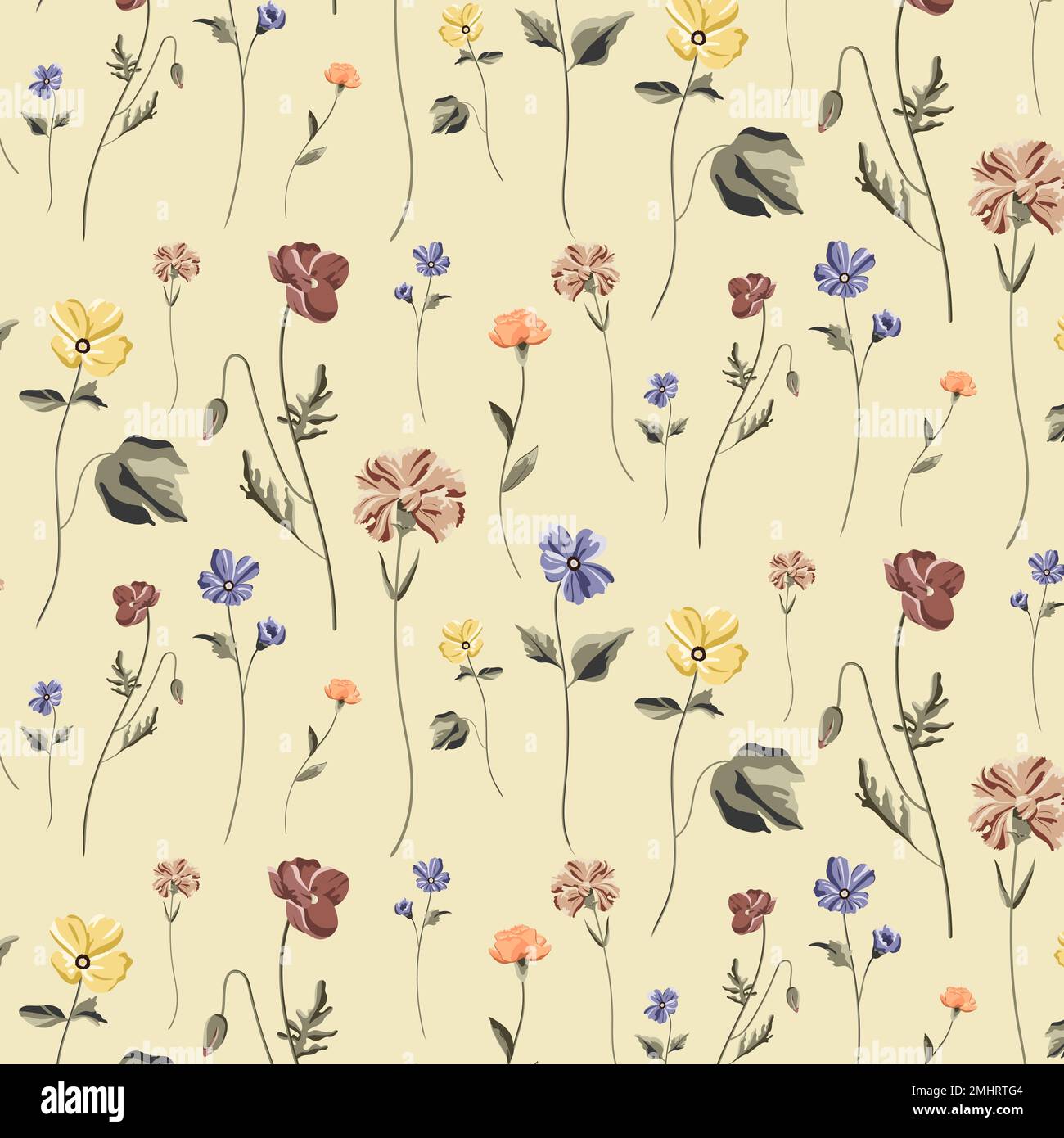 Blooming flower seamless pattern on a beige background vector Stock Vector