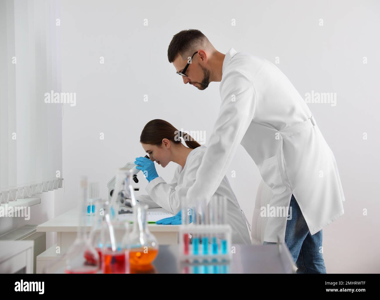 Scientist using microscope at table and colleague in laboratory ...