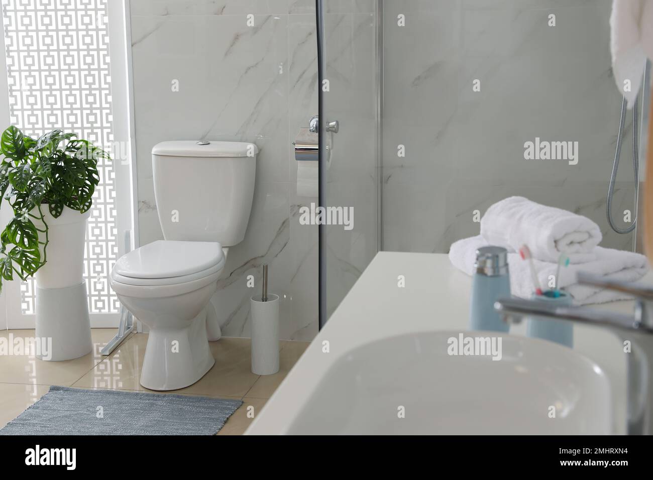 Toilet bowl near shower stall in modern bathroom Stock Photo Alamy