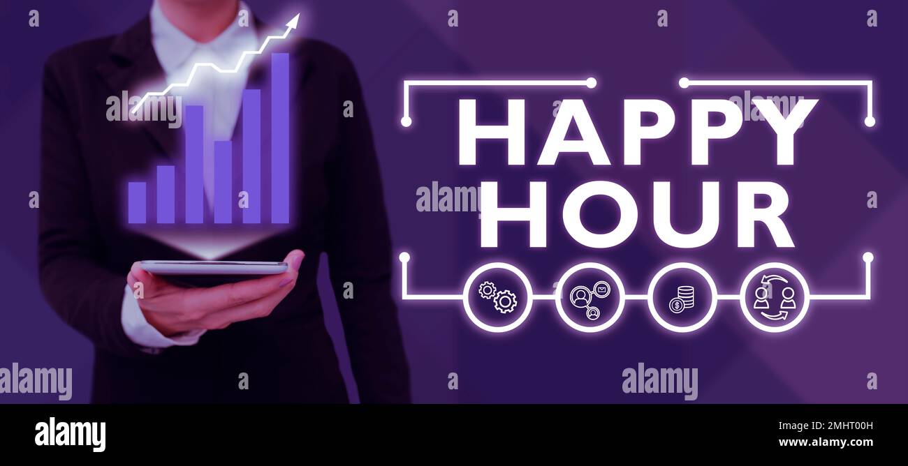 Text sign showing Happy Hour. Word Written on Spending time for activities that makes you relax for a while Stock Photo