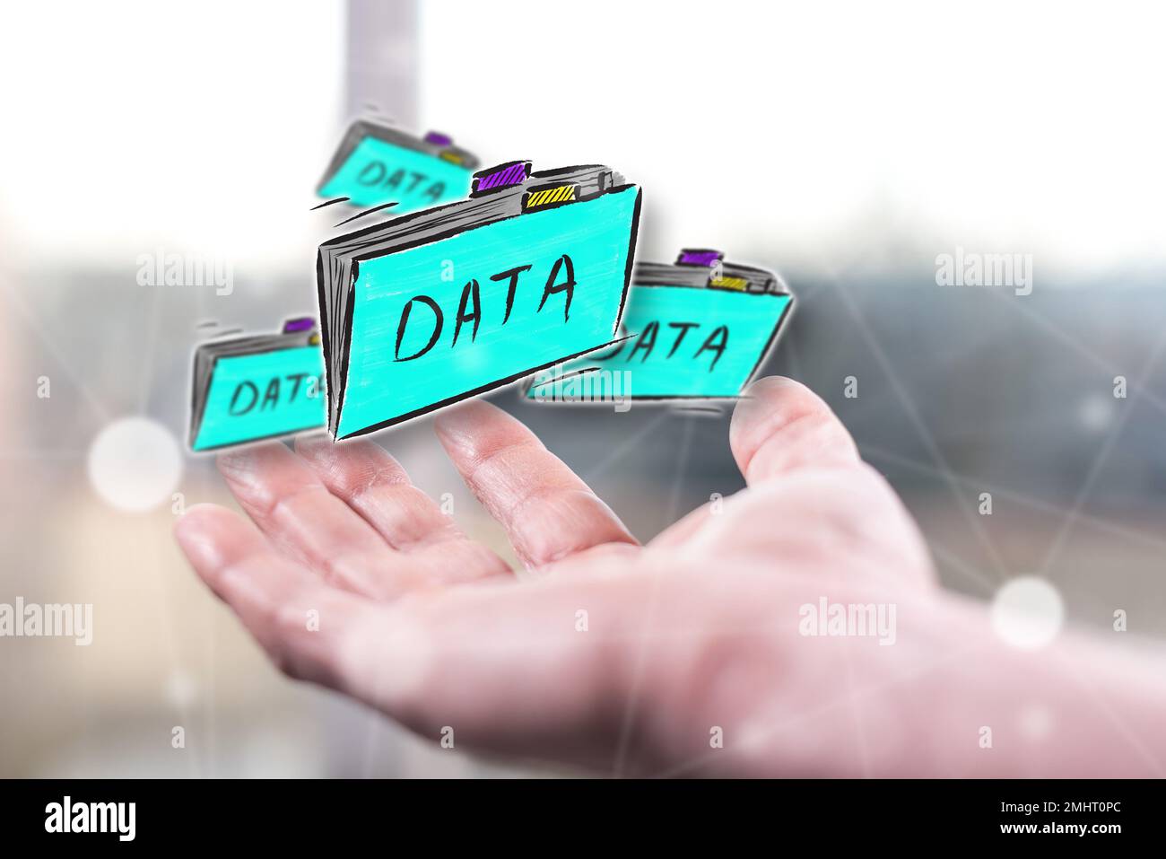 Data concept above a hand of a man Stock Photo