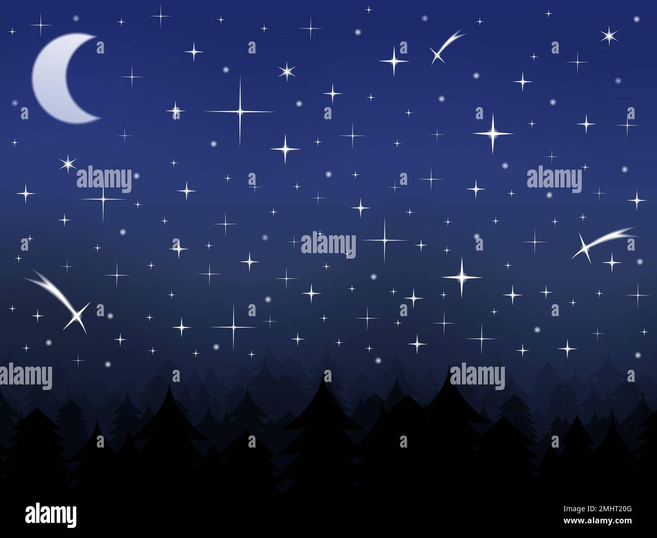 Silhouette of a forest and night sky with stars and moon, vector eps10 ...