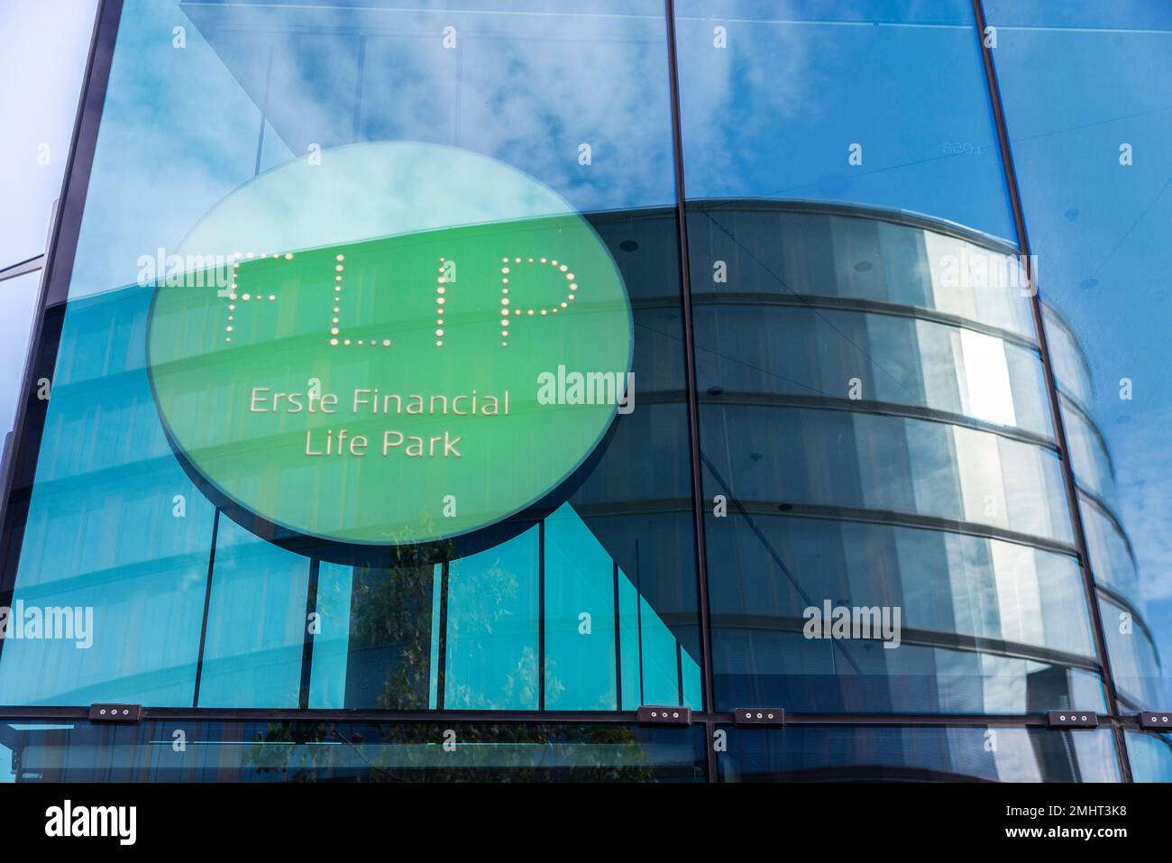Vienna, Austria - October 16, 2022: Sign of the FLiP, First Financial Life Park at Erste Campus, Erste Group Bank AG in Quartier Belvedere, Vienna, Au Stock Photo