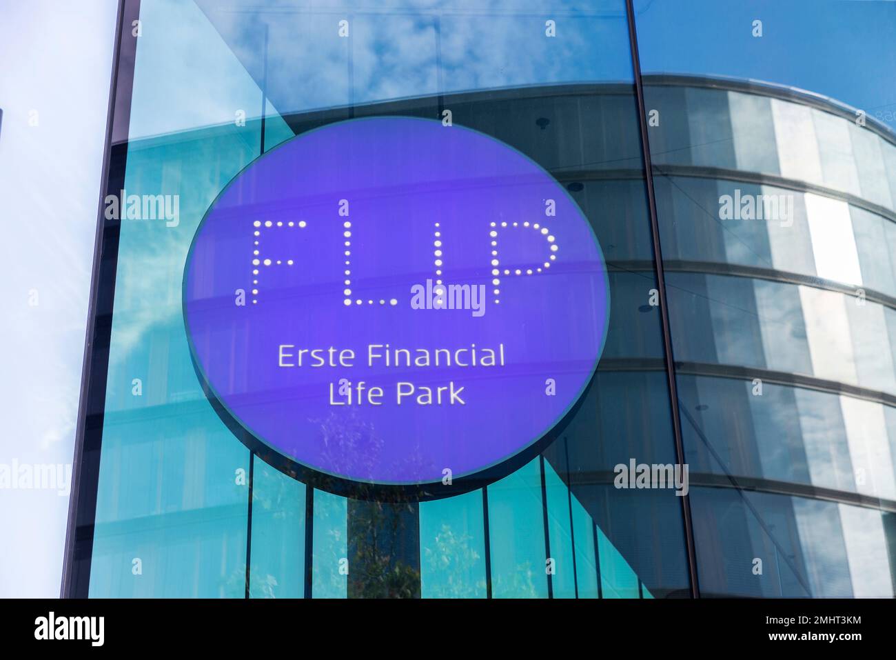 Vienna, Austria - October 16, 2022: Sign of the FLiP, First Financial Life Park at Erste Campus, Erste Group Bank AG in Quartier Belvedere, Vienna, Au Stock Photo