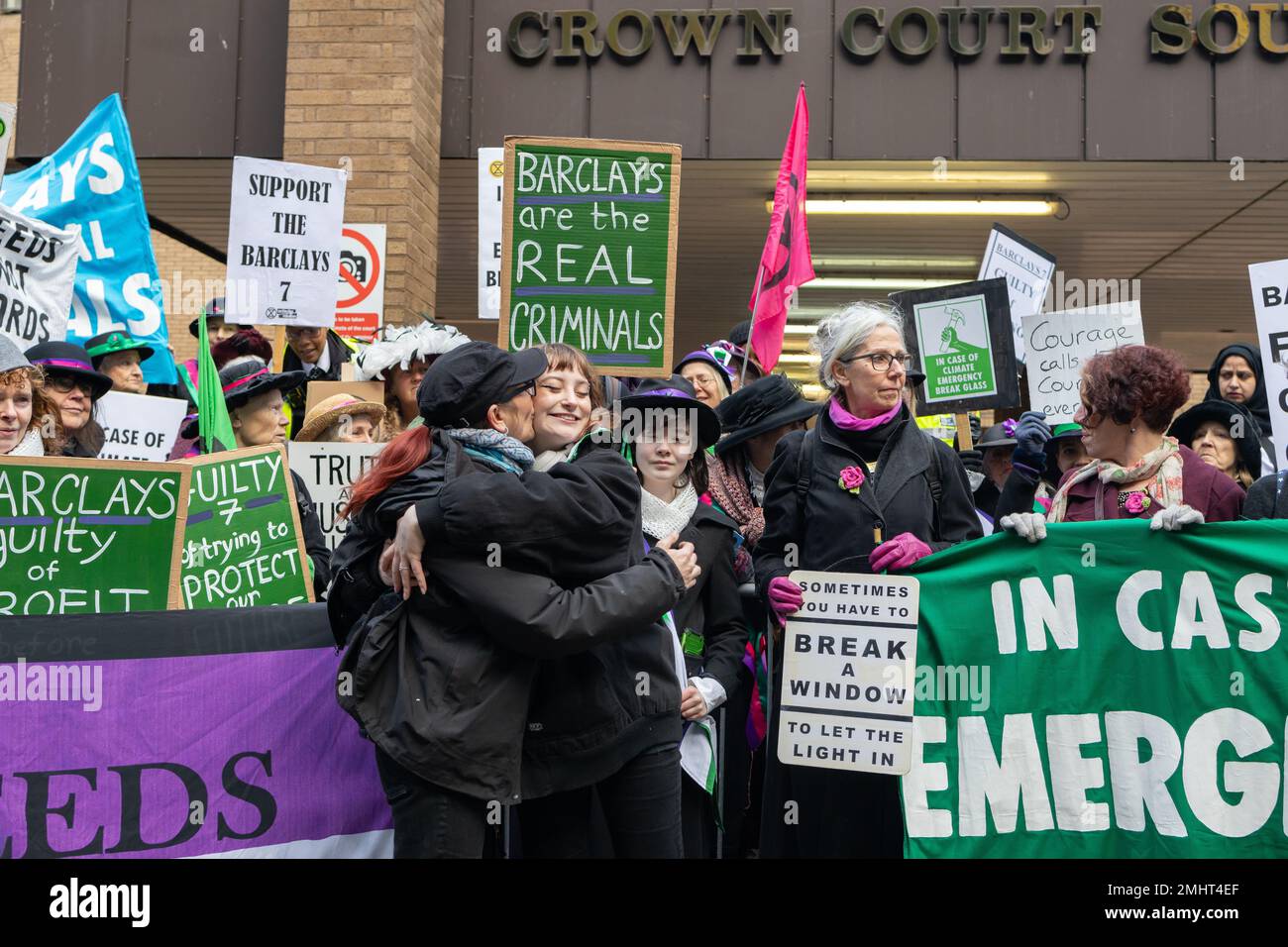 London, England, UK 27 January 2023 Women dressed as suffragettes march from the Bank of England to Southwark Crown Court in solidarity with the 7 women found guilty of criminal damage for smashing the windows of Barclays Bank in April 2021. The protesters were joined by Gail Bradbrook, Helen Pankhurst and actress Juliet Lewis Credit: Denise Laura Baker/Alamy Live News Stock Photo