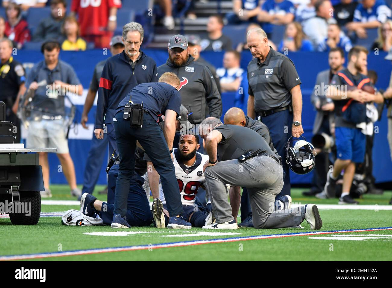 Houston Texans' Phillip Gaines (29) is helped off the field during the ...