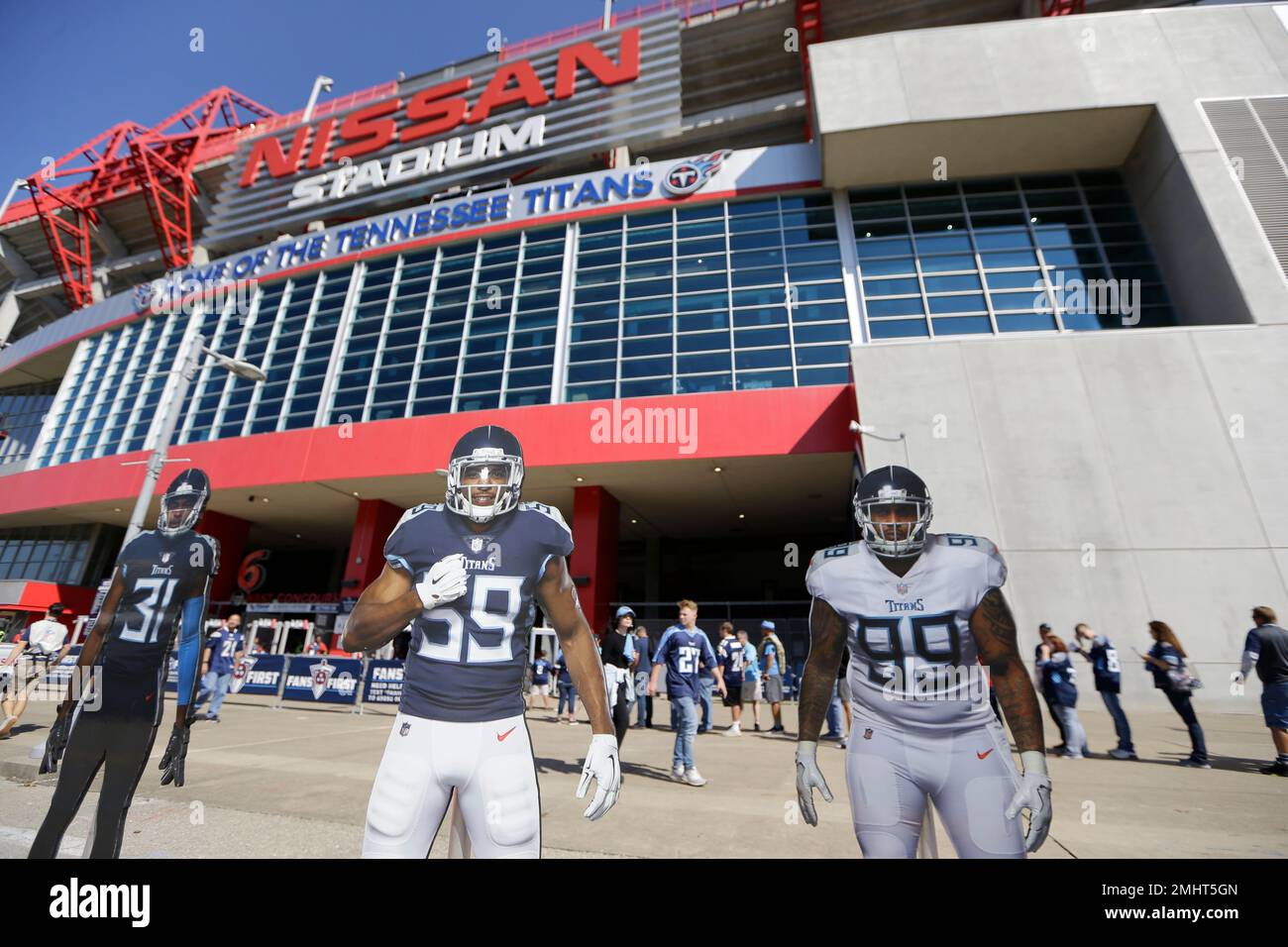 Tennessee Titans player cutouts stand in front of Nissan Stadium before an  NFL football game between the Titans and the Los Angeles Chargers Sunday,  Oct. 20, 2019, in Nashville, Tenn. (AP Photo/James