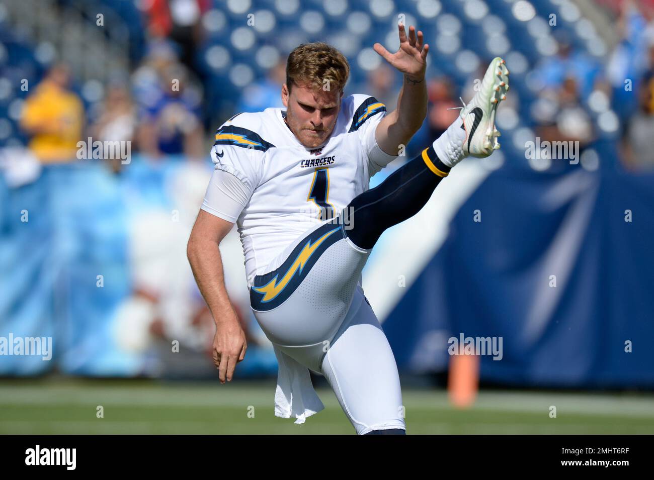 Los Angeles Chargers punter Ty Long warms up before an NFL football game  between the Chargers and the Tennessee Titans Sunday, Oct. 20, 2019, in  Nashville, Tenn. (AP Photo/Mark Zaleski Stock Photo 