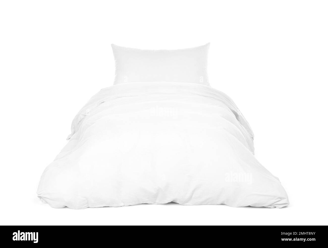 Bed with soft pillow and blanket isolated on white Stock Photo Alamy