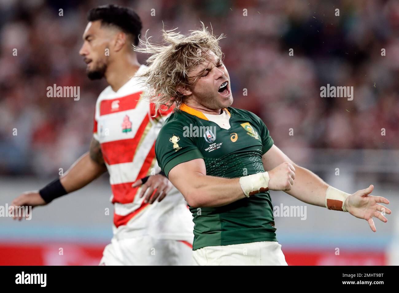 South Africa's Faf de Klerk celebrates after scoring a try during the ...