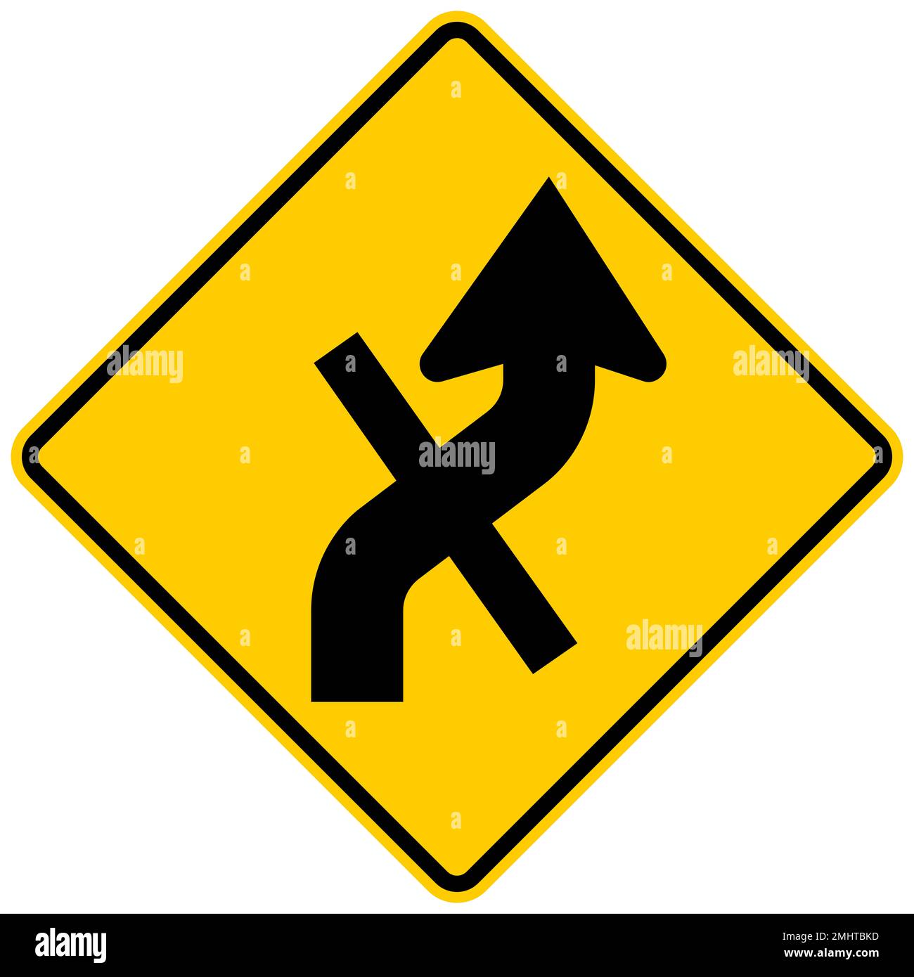 Combination reverse curve with cross road intersection warning sign Stock Photo