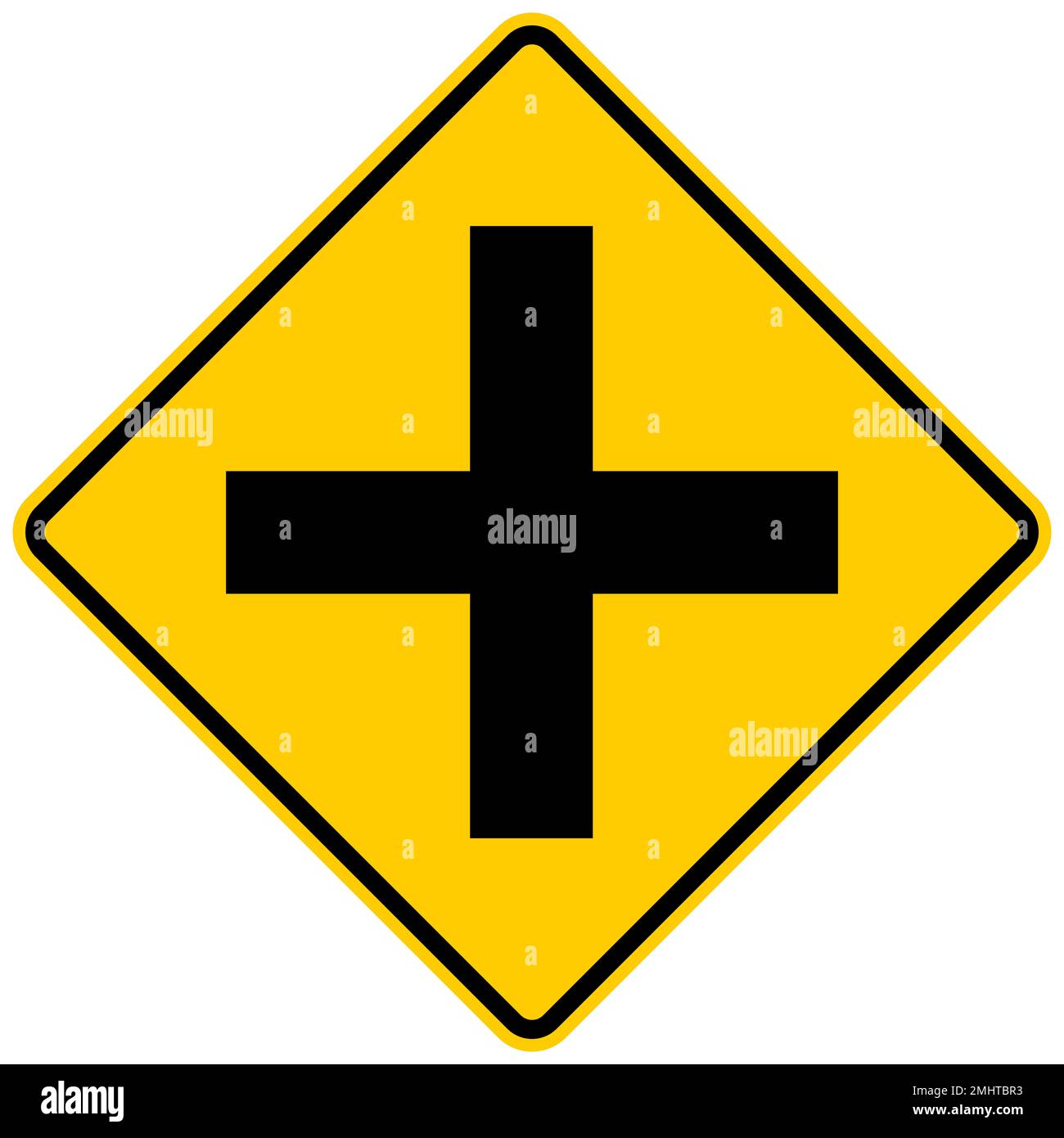 Cross road intersection warning sign Stock Photo