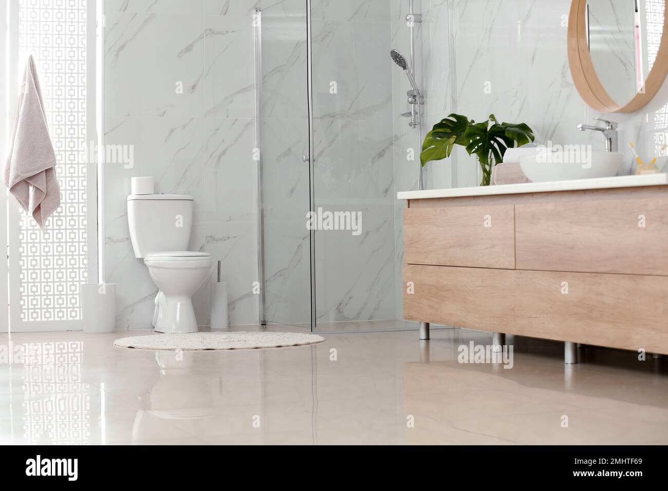 Interior of modern bathroom with toilet bowl Stock Photo - Alamy