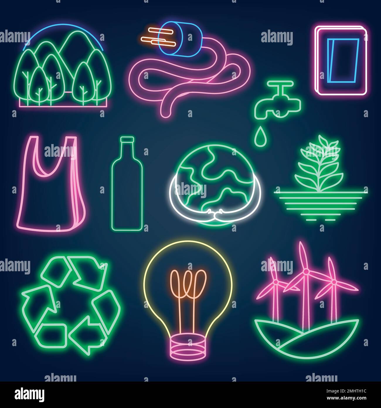 Neon sign environment illustration vector set, ecofriendly Stock