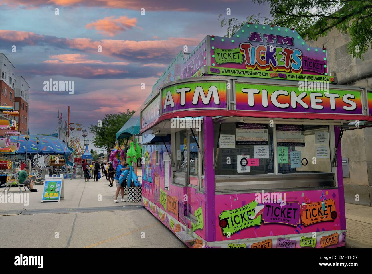 Franklin Park, Illinois, USA. A colorful ticket booth at a street carnival in a suburb of Chicago. Stock Photo