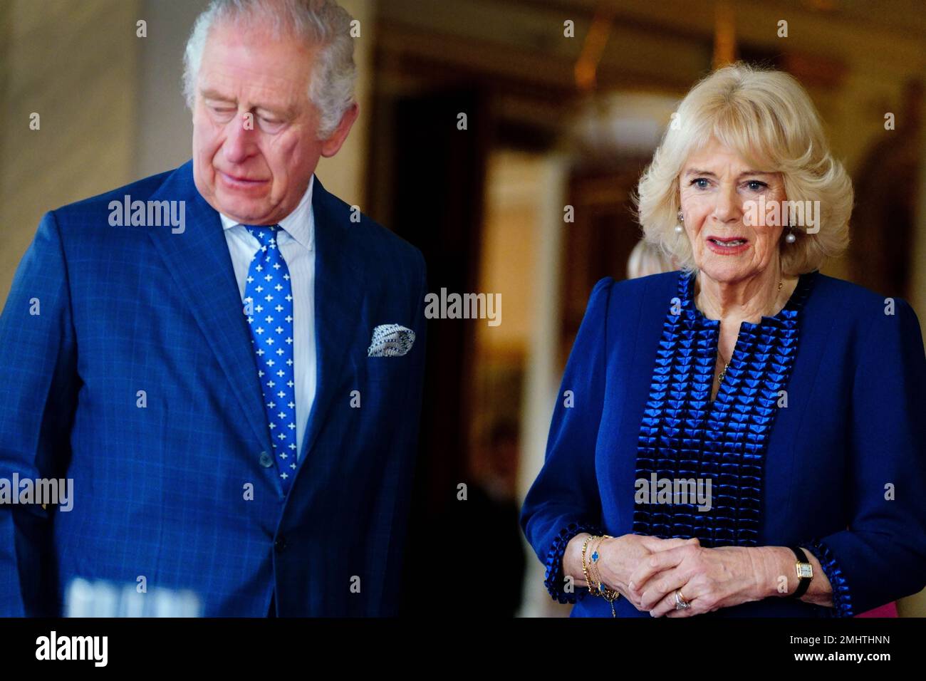 King Charles III and the Queen Consort during a meeting with genocide survivors at Buckingham Palace, London, to mark Holocaust Memorial Day. Picture date: Friday January 27, 2023. Stock Photo