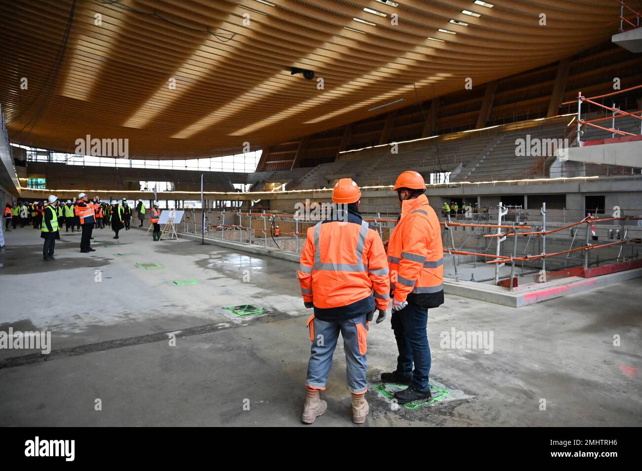 Paris, France. 27th Jan, 2023. Workers on the construction site of the