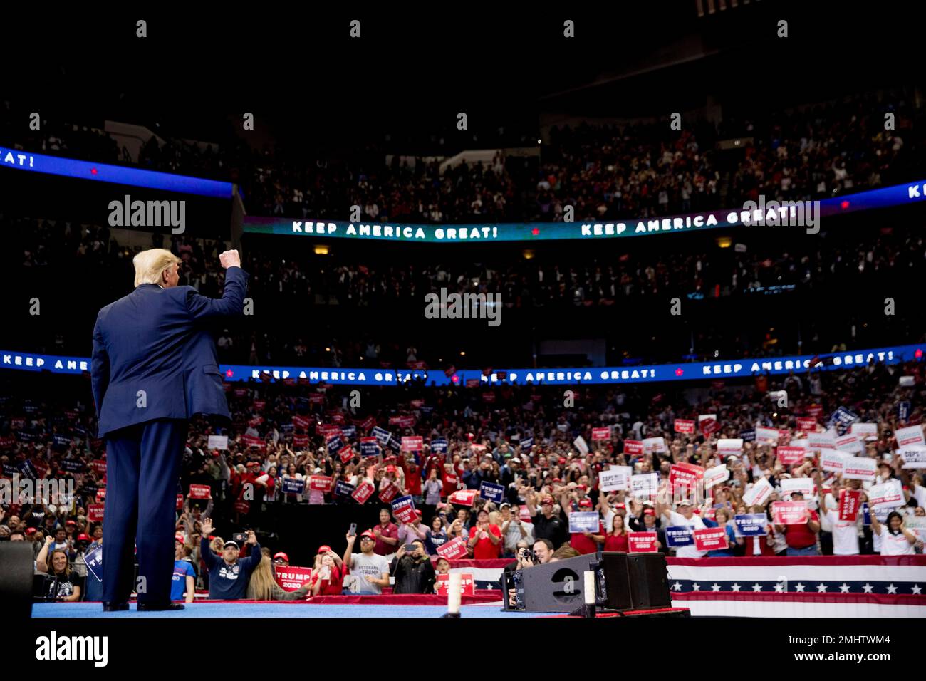 President Donald Trump takes the stage at a campaign rally at American ...