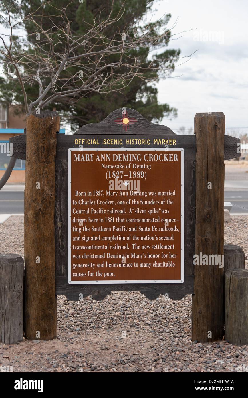 An Official Scenic Historic Marker dedicated to the Namesake of Deming Mary Ann Deming Crocker, Deming, New Mexico. Stock Photo