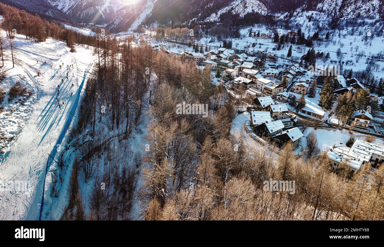 Panoramic view of Bardonecchia village from above, ski resort in the