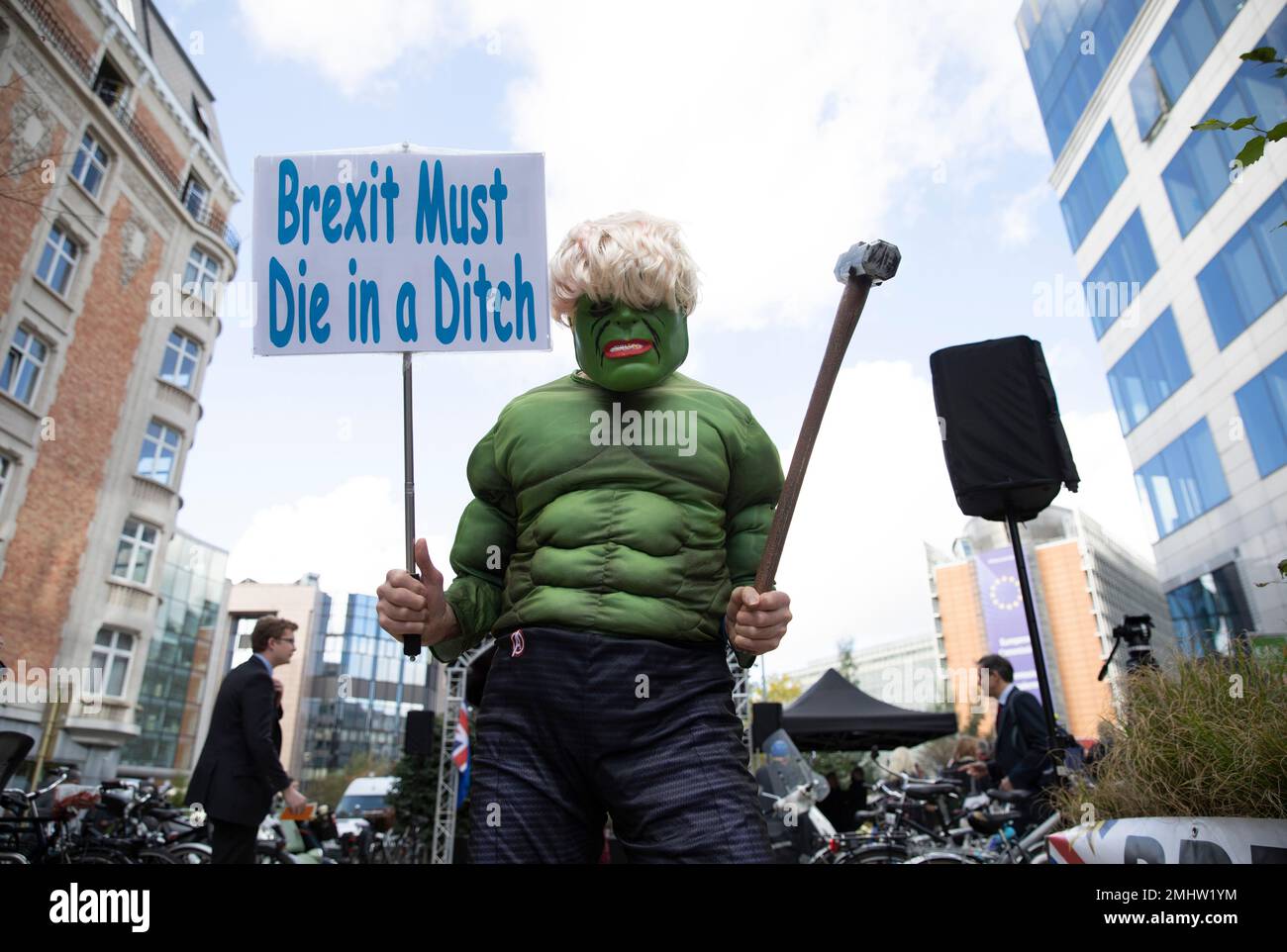 A protestor is dressed in an Incredible Hulk costume as he participates in  an anti-Brexit demonstration outside of an EU summit in Brussels, Thursday,  Oct. 17, 2019. The European Union says Brexit