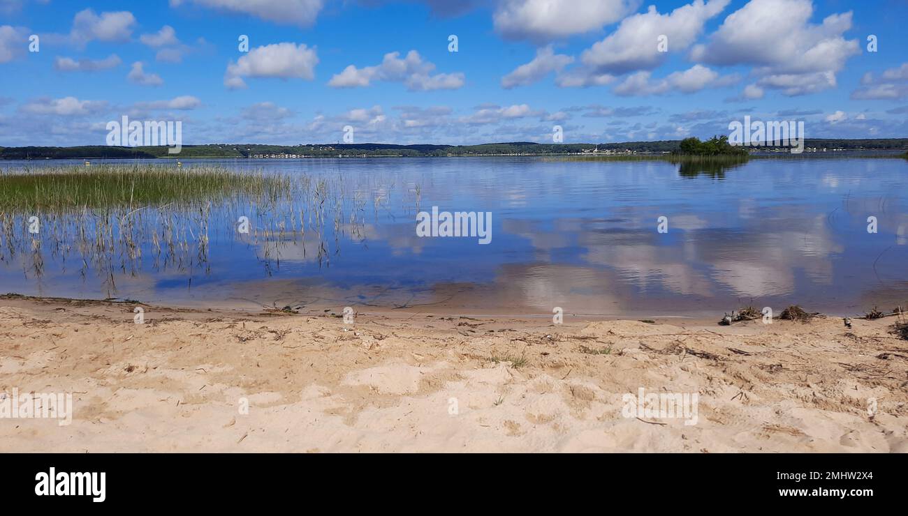 sand beach and blue summer sky at Biscarrosse lake in landes France Stock Photo