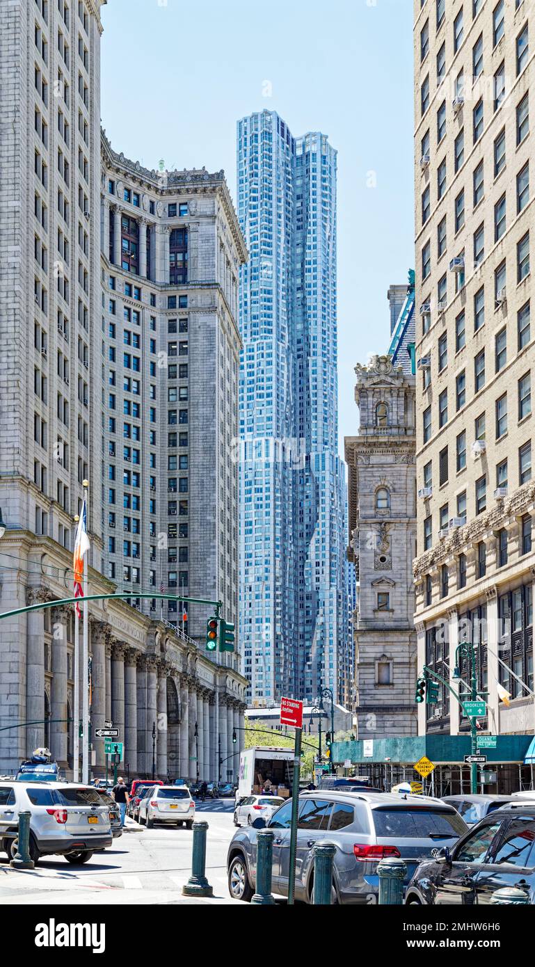 View down Lafayette and Centre Streets in NYC. L to R: Manhattan Municipal Building, 8 Spruce Street, Surrogate’s Courthouse, Court Square Building. Stock Photo