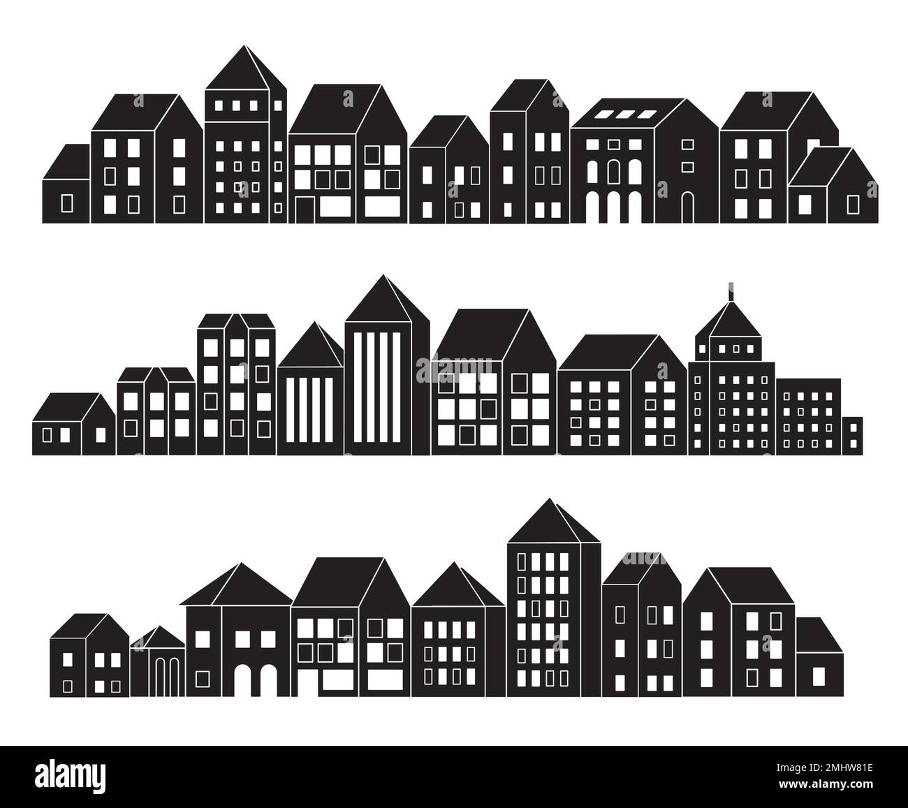 Landscape set of buildings silhouetted on white background. A black ...