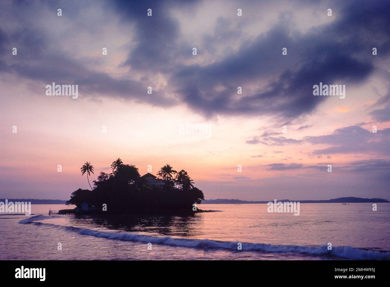 Taprobane Island Sri Lanka, view at dusk of Taprobane Island, a private island with its own hotel sited in Weligama Bay, South Province, Sri Lanka Stock Photo
