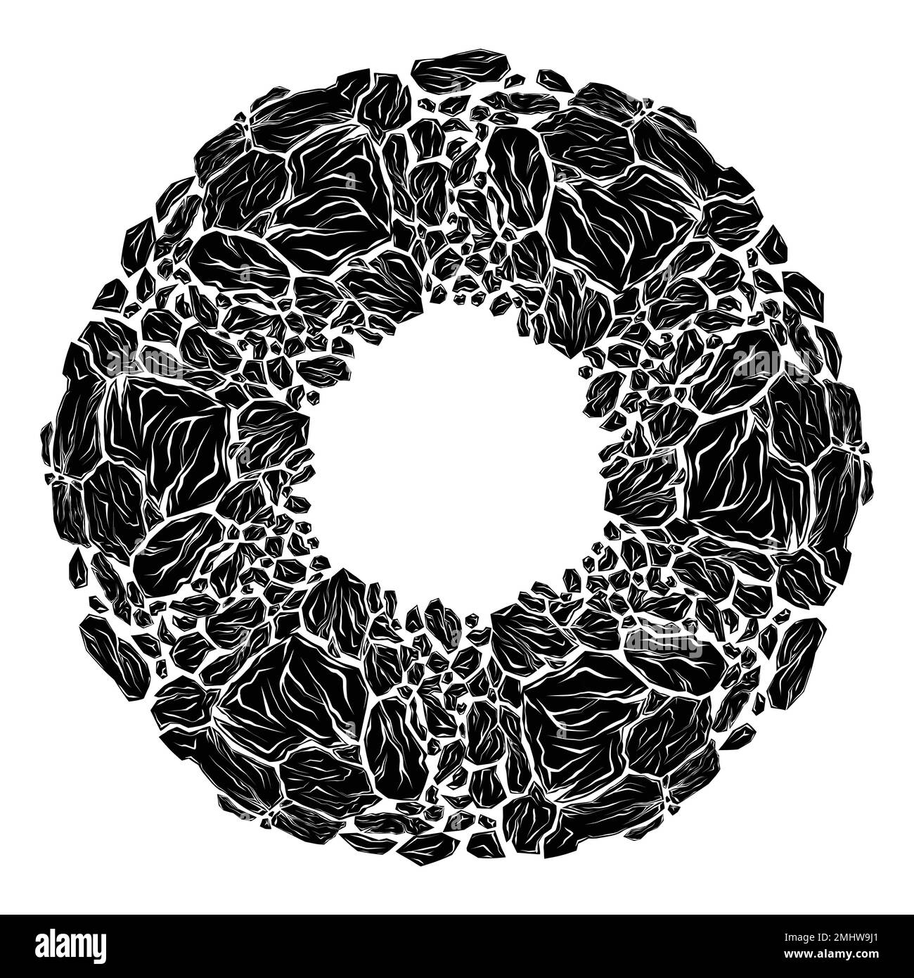 Vector round frame of monochrome broken stones and copy space. Earthquake danger. Black silhouette of circle clipart smashed rocks with cracks Stock Vector