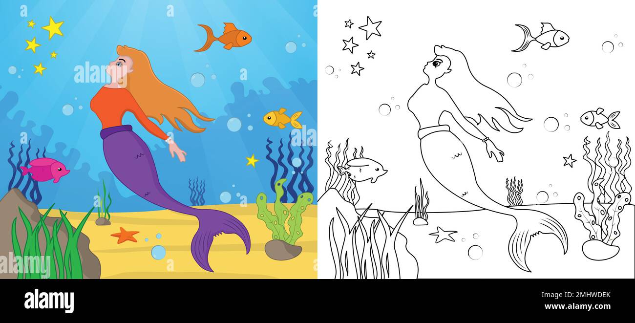 Cartoon mermaid coloring page kids activity page with line art vector illustration Stock Vector
