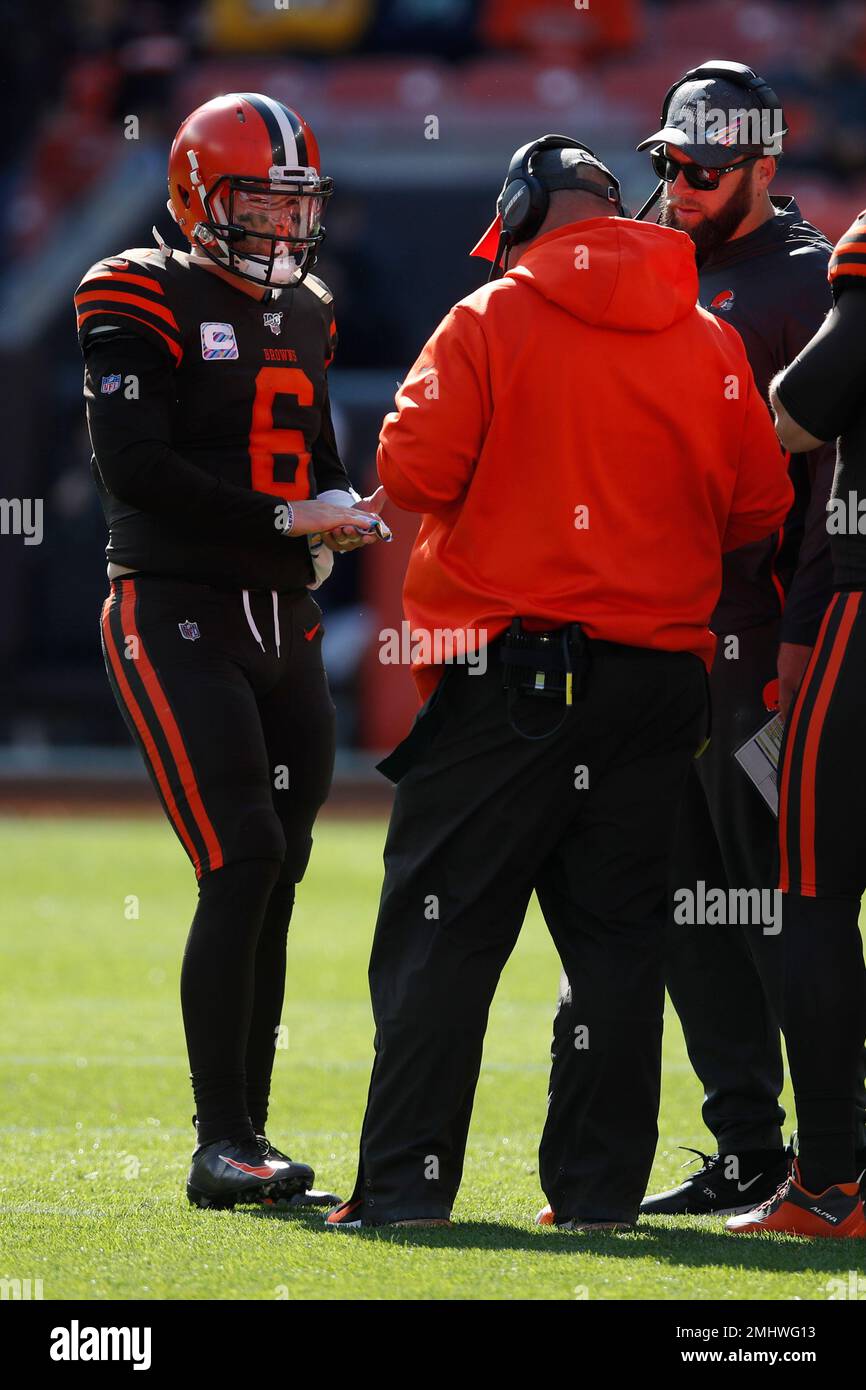 Cleveland Browns quarterback Baker Mayfield (6) throws a pass against the Seattle  Seahawks during an NFL football game, Sunday, Oct. 13, 2019, in Cleveland.  (Jeff Haynes/AP Images for Panini Stock Photo - Alamy