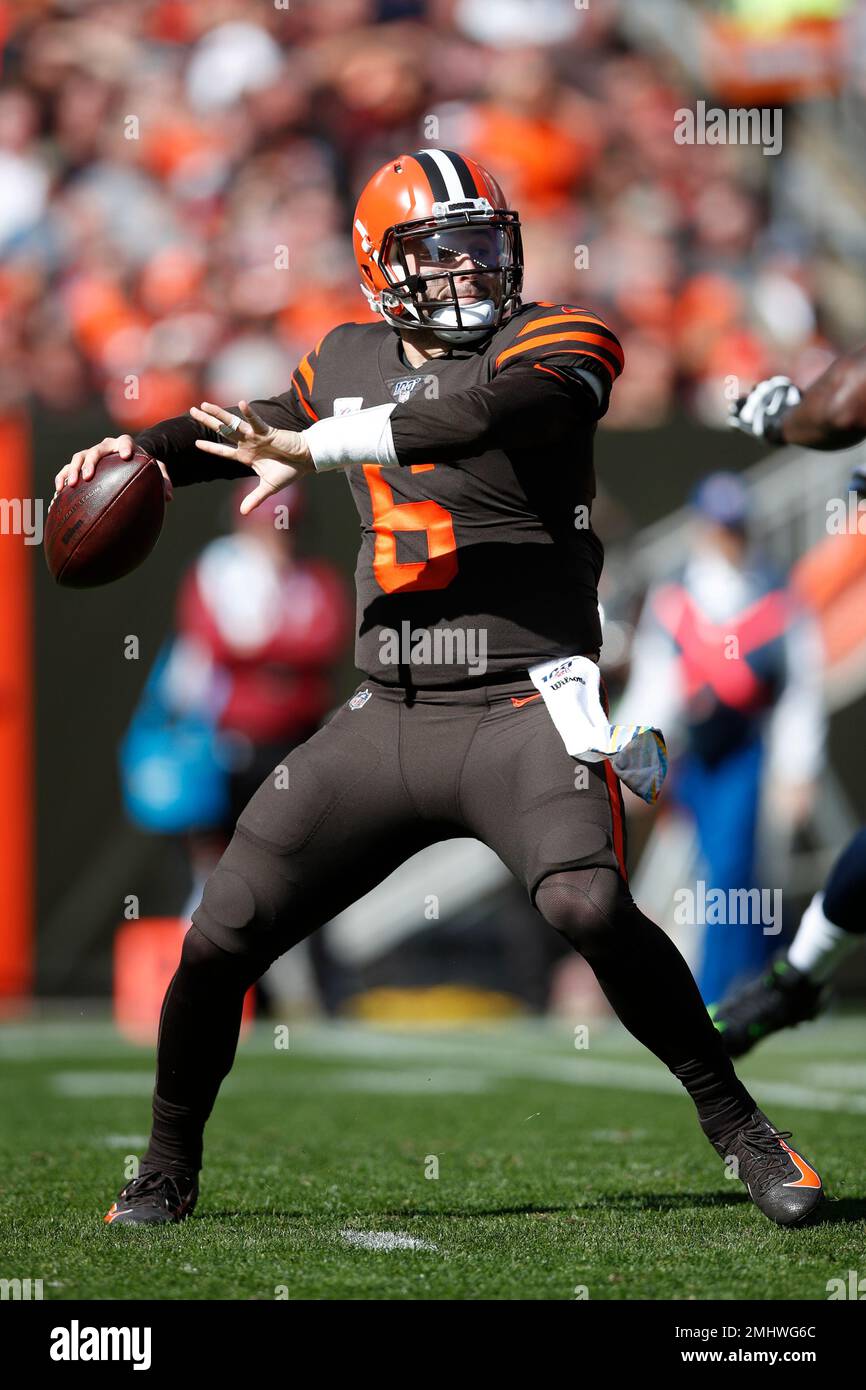 Cleveland Browns quarterback Baker Mayfield (6) looks to throw a pass  against the Seattle Seahawks during an NFL football game, Sunday, Oct. 13,  2019, in Cleveland. (Jeff Haynes/AP Images for Panini Stock