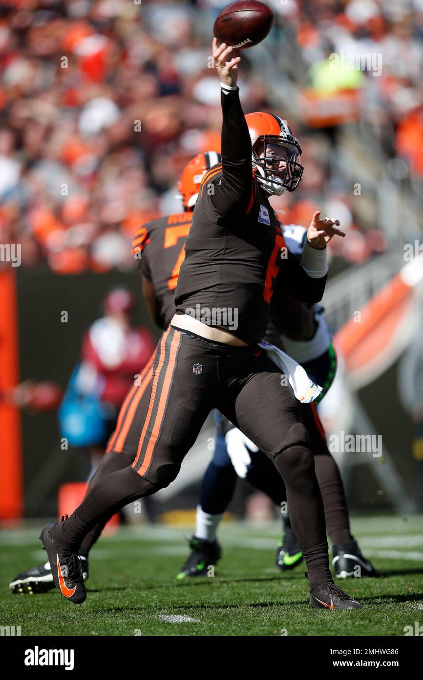 Cleveland Browns quarterback Baker Mayfield (6) throws a pass against the  Seattle Seahawks during an NFL football game, Sunday, Oct. 13, 2019, in  Cleveland. (Jeff Haynes/AP Images for Panini Stock Photo - Alamy