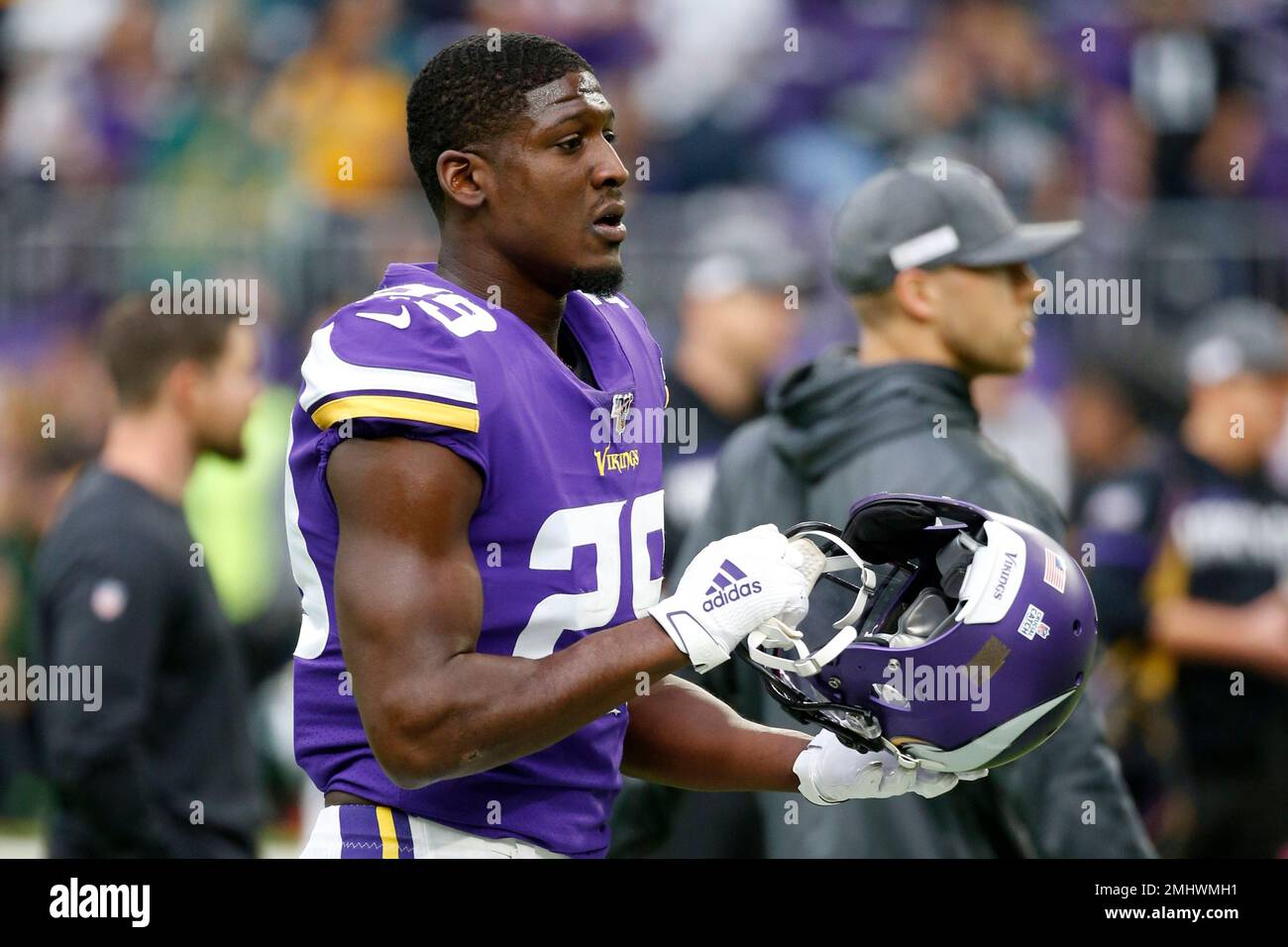 Minnesota Vikings cornerback Xavier Rhodes walks on the field during the  first half of an NFL football game against the Philadelphia Eagles, Sunday,  Oct. 13, 2019, in Minneapolis. (AP Photo/Bruce Kluckhohn Stock