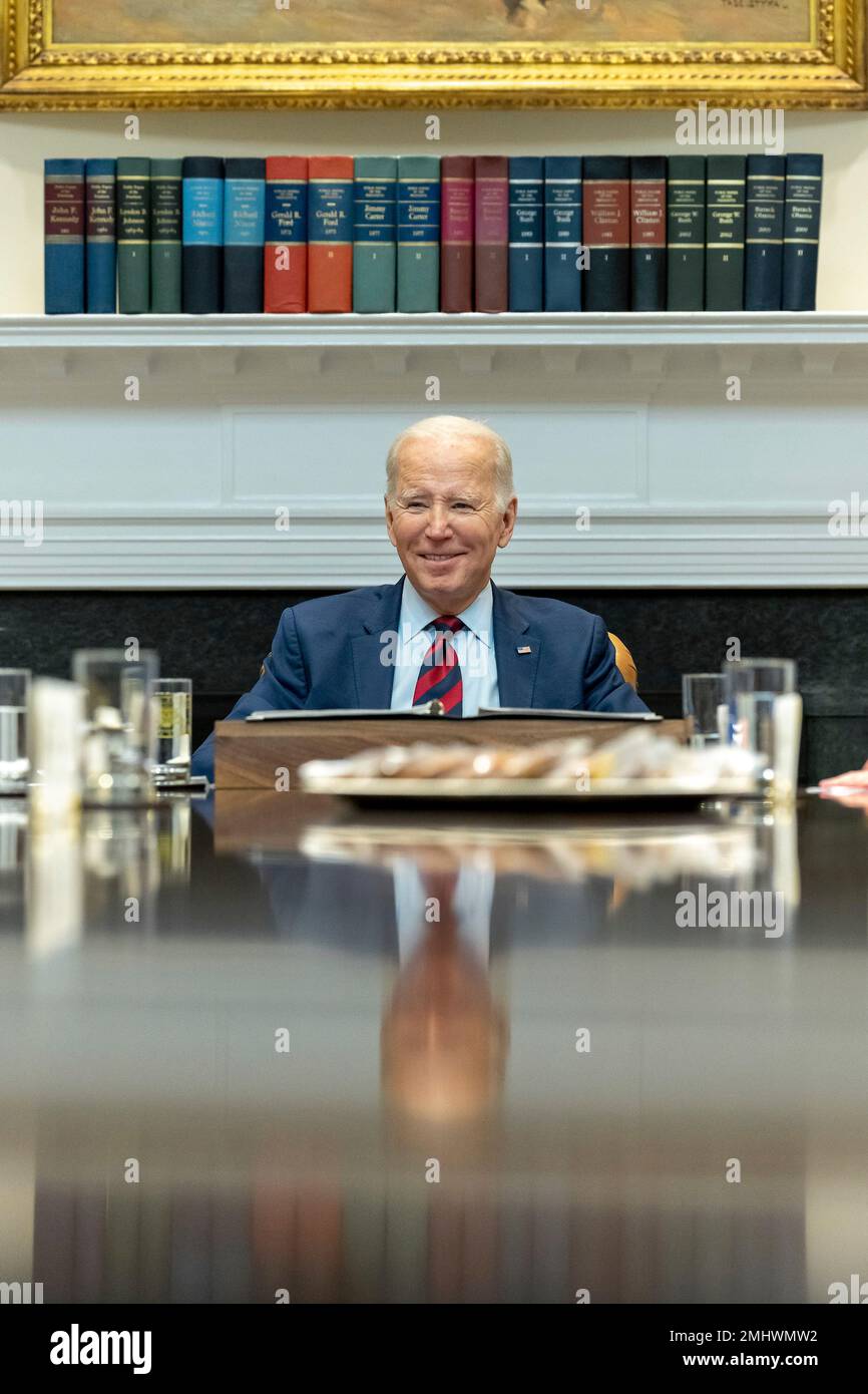 Washington, United States of America. 24 January, 2023. U.S President Joe Biden, listens during a meeting with Democratic Congressional Leadership at the Roosevelt Room of the White House, January 24, 2023 in Washington, D.C.  Credit: Erin Scott/White House Photo/Alamy Live News Stock Photo