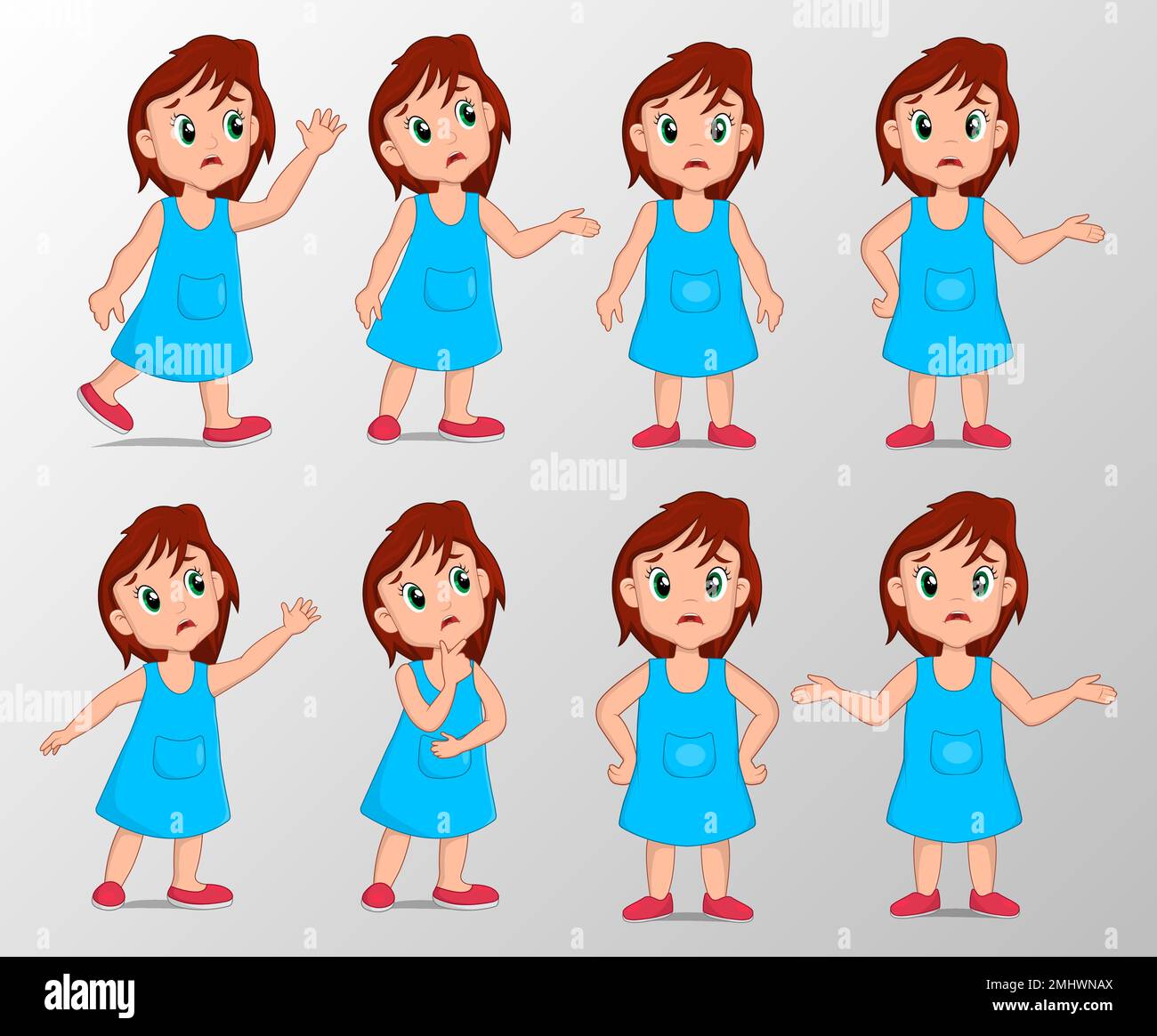 Cute girl with sad gesture expression set vector illustration Stock Vector