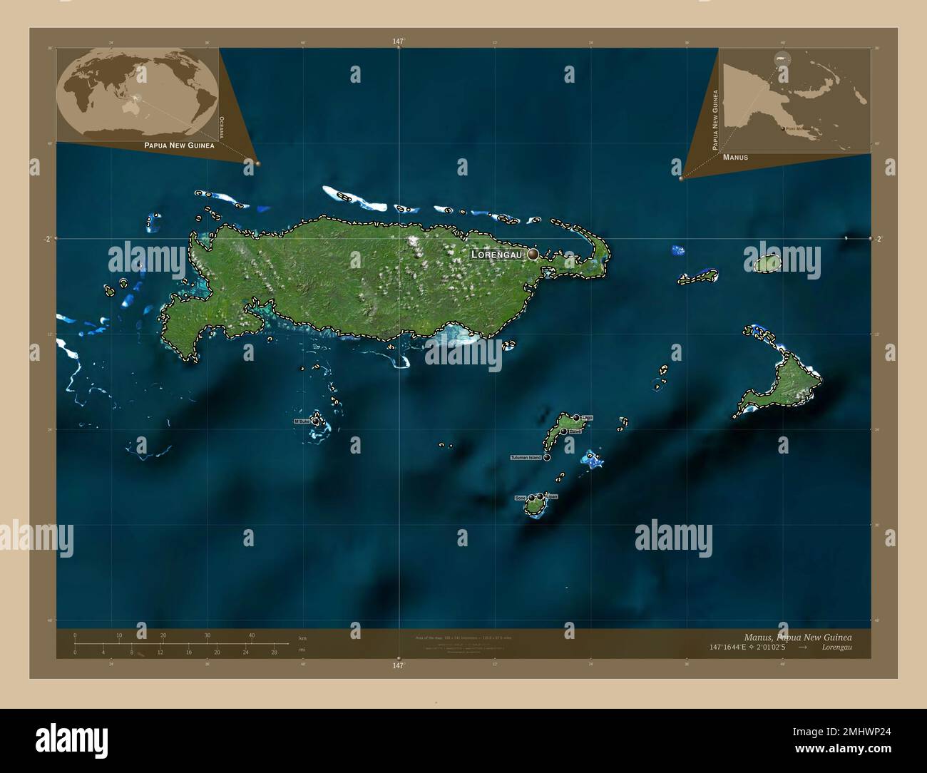 Manus, province of Papua New Guinea. Low resolution satellite map.  Locations and names of major cities of the region. Corner auxiliary  location maps Stock Photo - Alamy