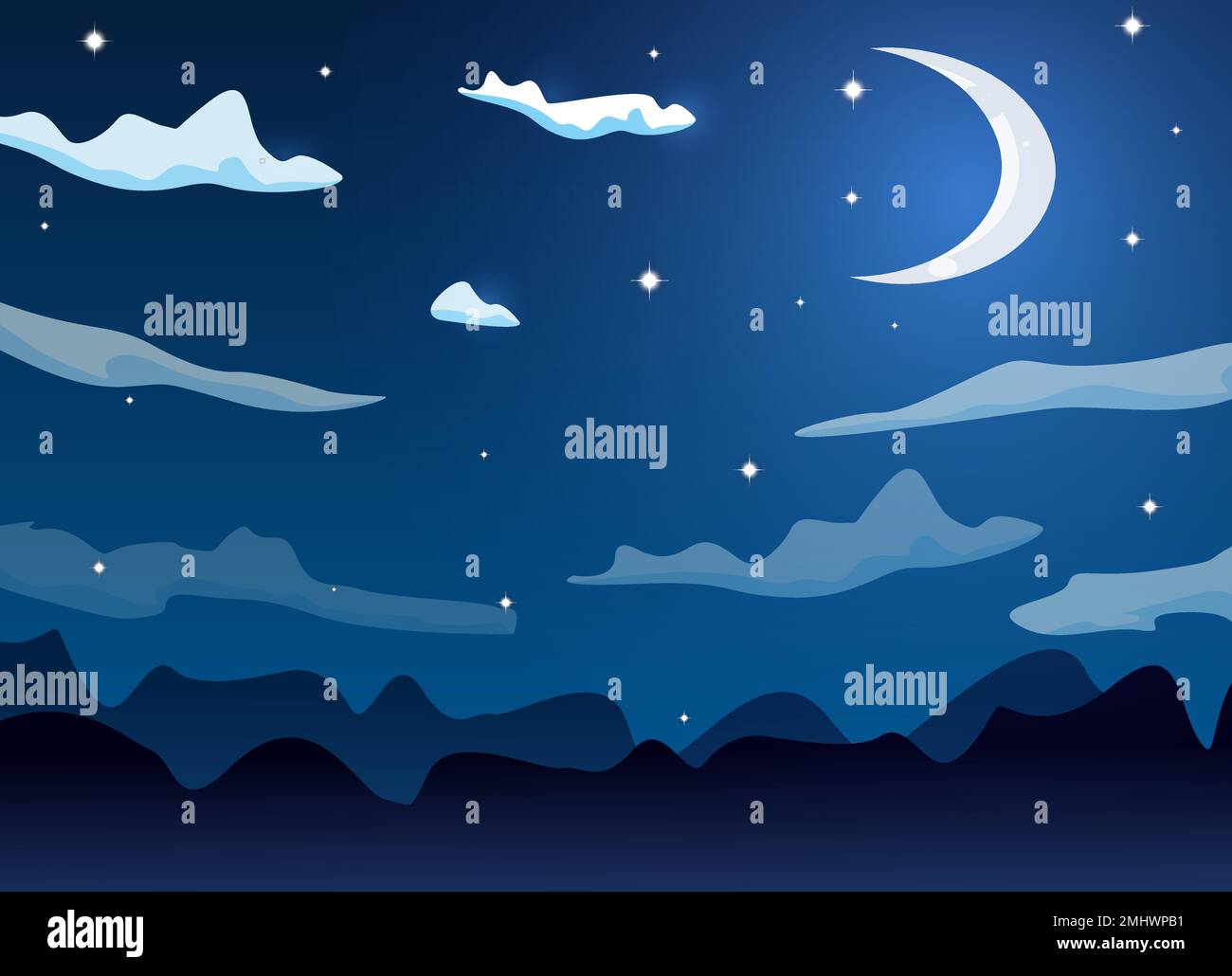 Night cartoon sky with clouds, full moon, moonlight and stars vector background design. Stock Vector