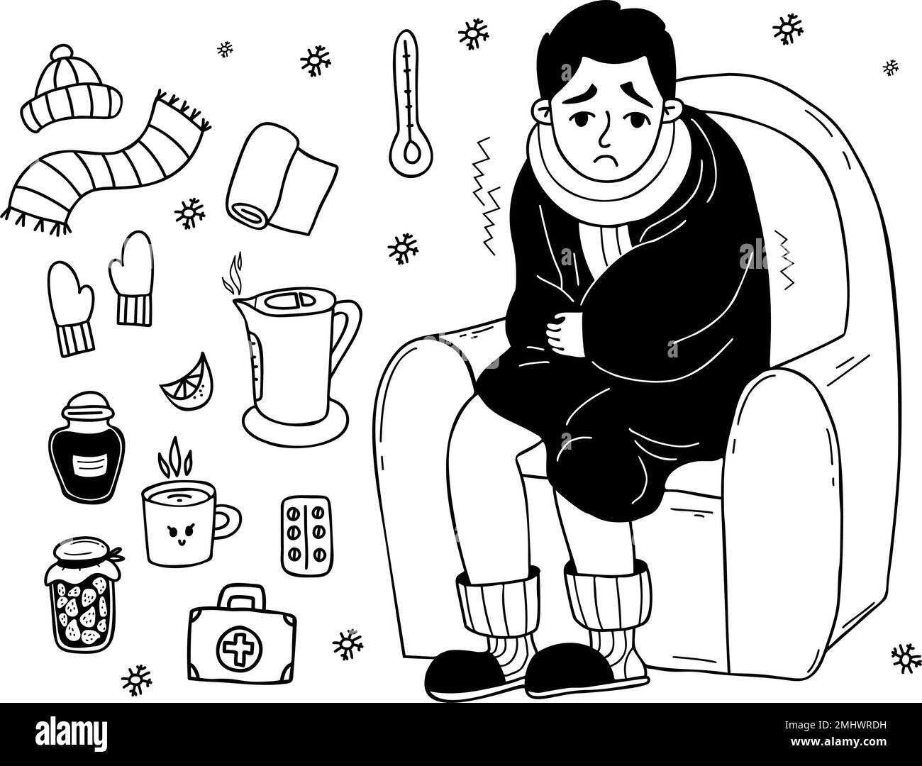 Sickness and cold. Sick unhappy guy wrapped in blanket sits in chair and trembles. Near pills, scarf, jam and hot kettle. Collection Vector isolated l Stock Vector