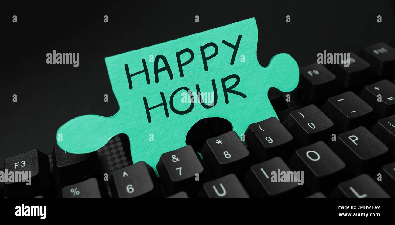 Hand writing sign Happy Hour. Word Written on Spending time for activities that makes you relax for a while Stock Photo