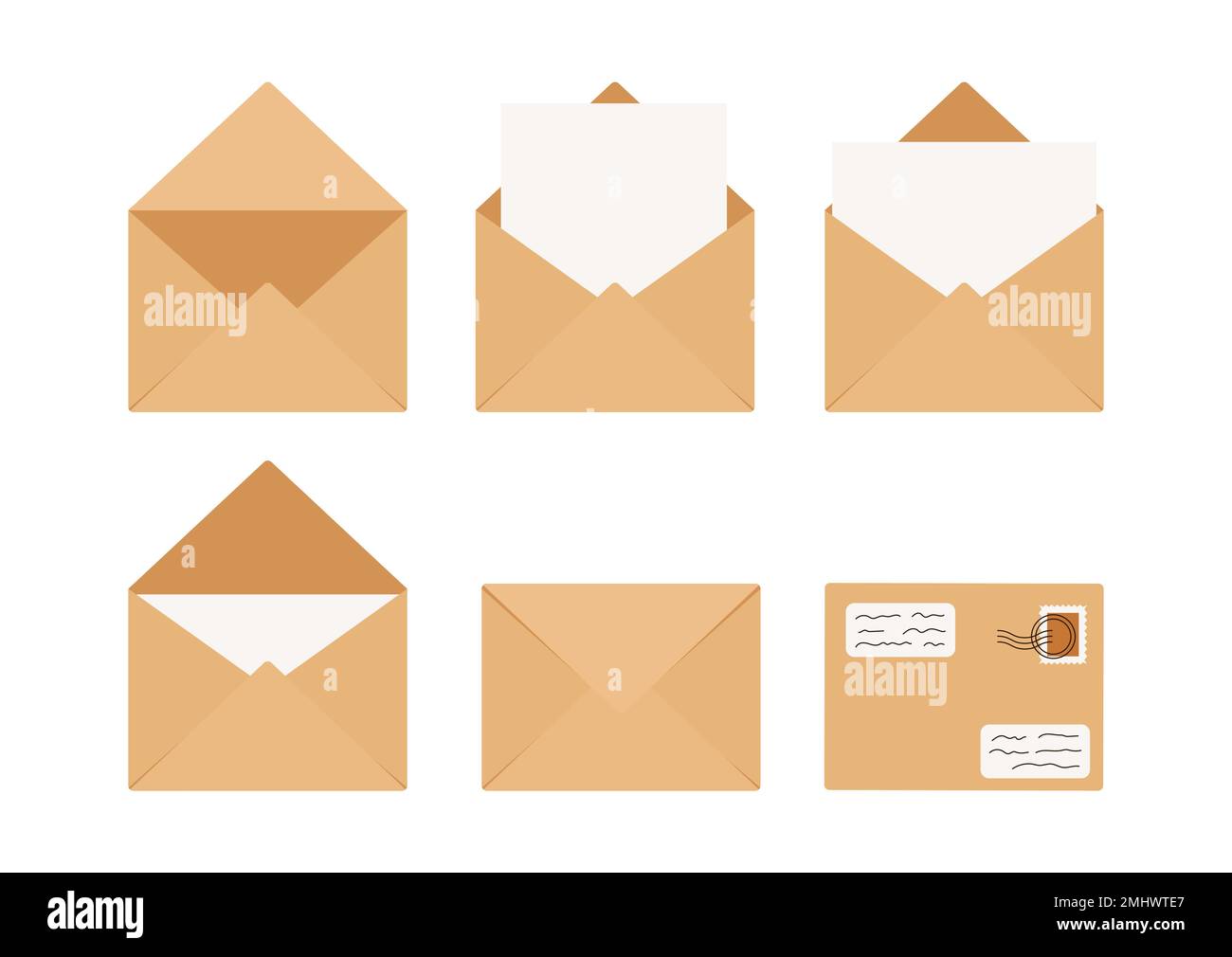 Craft envelopes with letter closed, open, with postage stamp vector